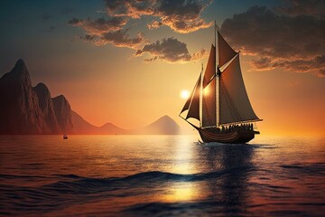 Wall Mural - sailboat with stunning sunset in the background, casting warm and golden glow, created with generative ai