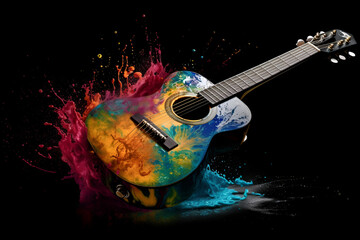 Wooden guitar in multicolored splashes on a dark background. Generate Ai Generative AI