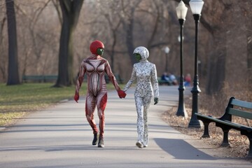 Wall Mural - alien couple, walking hand-in-hand on romantic stroll through park, created with generative ai