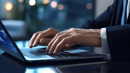 Poster - Businessman working at a laptop computer, close-up.Generative AI