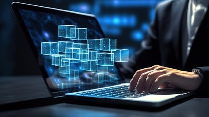 Poster - Businessman working at a laptop computer, close-up.Generative AI