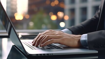 Poster - Businessman working at a laptop computer, close-up.Generative AI