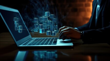Poster - Businessman working at a laptop computer, close-up.Generative AI