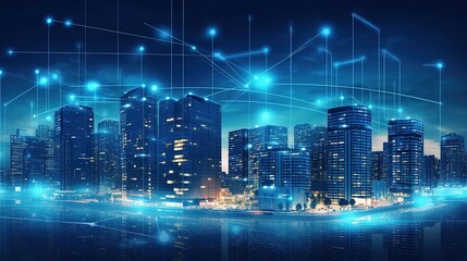 Poster - Searching location on map and pin above blue tone cityscape and network connection.Generative AI