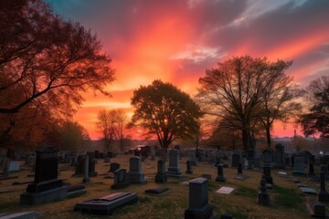 Wall Mural - cemetery at sunset, with the sky turning pink and orange, created with generative ai