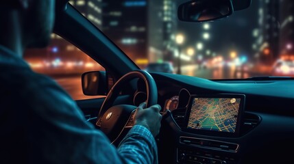 Poster - A business person using a mobile smartphone, checking the location of the address using the navigator application, driving a car.Generative AI