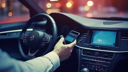Poster - A business person using a mobile smartphone, checking the location of the address using the navigator application, driving a car.Generative AI