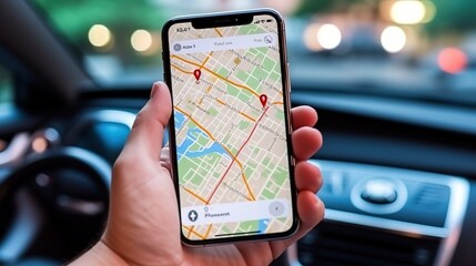 Poster - A business person using a mobile smartphone, checking the location of the address using the navigator application, driving a car.Generative AI