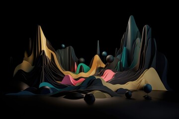 Canvas Print - abstract and surreal landscape with floating shapes and colors, against black background, created with generative ai