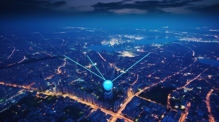 Poster - Searching location on map and pin above blue tone cityscape and network connection.Generative AI