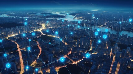 Poster - Searching location on map and pin above blue tone cityscape and network connection.Generative AI