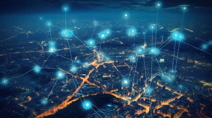 Poster - Searching location on map and pin above blue tone cityscape and network connection.Generative AI