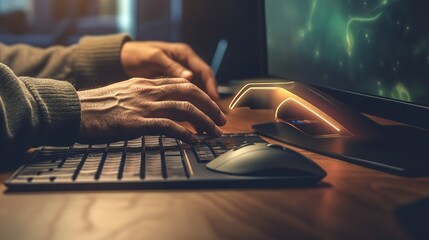 Poster - Businessman working at a laptop computer, close-up.Generative AI