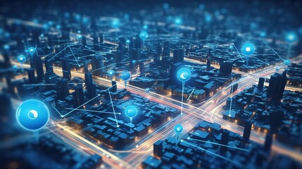 Poster - Searching location on map and pin above blue tone cityscape and network connection.Generative AI