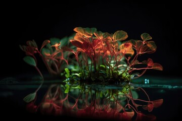 Wall Mural - neon plant growing in pool of water, with reflections visible, created with generative ai