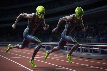 Wall Mural - two alien athletes racing down a track, their long limbs pumping, created with generative ai