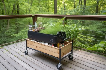 Wall Mural - a portable grill on a wooden deck surrounded by greenery, created with generative ai