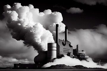 Sticker - steam rising from pulp and paper mill, with clouds in the background, created with generative ai