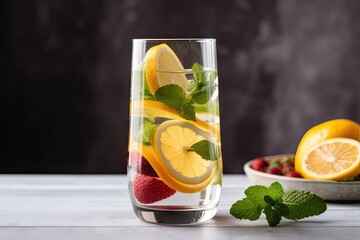 Poster - glass of fruit-infused water, with slice of lemon and mint on the side, created with generative ai