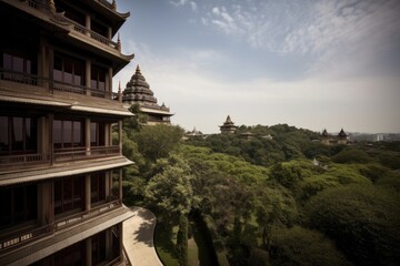 Wall Mural - posh hotel, with view of majestic pagoda on the horizon, created with generative ai