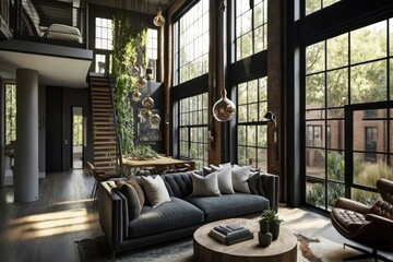 Wall Mural - luxurious industrial home with sleek furnishings, oversized windows, and modern decor, created with generative ai