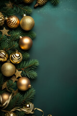 Christmas vertical greeting card with green and golden glass balls, evergreen branches on green background. Space for text. View from above. Flat lay. Generative AI.