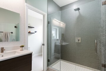 Sticker - refreshing shower in stylish bathroom with lofi wallpaper, glass tile and sleek fixtures, created with generative ai