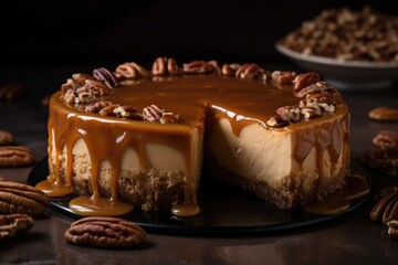 Sticker - pecan and caramel cheesecake with graham cracker crust, created with generative ai