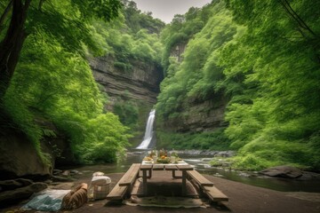 Poster - picnic with view of waterfall, surrounded by greenery, created with generative ai