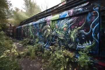 Wall Mural - alien is spray-painting its own unique mural, mixing graffiti and fine art, created with generative ai