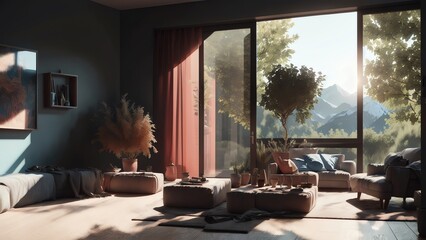Wall Mural - 3d Render Of A Minimalistic Black Studio With Bright Lighting And Reflections. Generative AI
