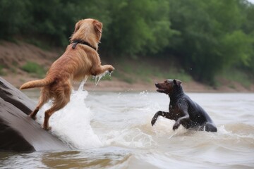 Canvas Print - dog and cat heroes jumping into the water to rescue swimmer in distress, created with generative ai