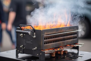 Sticker - close-up of portable grill, with smoke and flames visible, created with generative ai