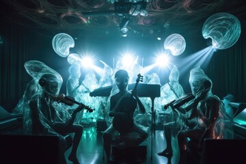 Canvas Print - alien musicians playing mesmerizing and ethereal music at a concert hall, surrounded by the audience's oohs and ahhs, created with generative ai