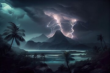 Wall Mural - tropical cyclone, with intense clouds and lightning, rolling over majestic mountain range, created with generative ai