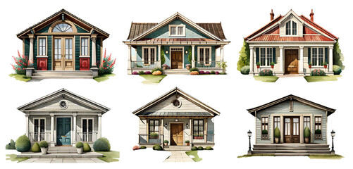 Watercolor houses set on transparent background. Generative Ai