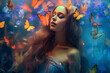 © aledesun - portrait of a beautifull model   woman dreaming in a bucolic scene surrounded by butterflies, alone generative ai illustration