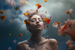 © aledesun - portrait of a beautifull model woman dreaming in a bucolic scene surrounded by petal flowers flying, alone, generative ai illustration