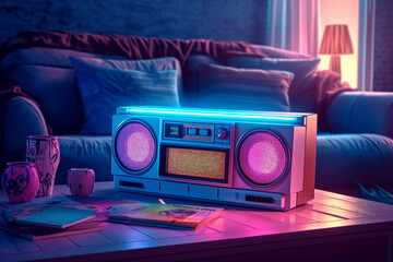 Wall Mural - a retro vintage stereo music boom box, neon vaporwave color mood in a chill iliving room, generative ai illustration set