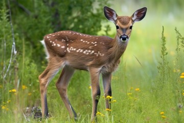 Poster - baby deer in meadow, with delicate legs and soft fur, created with generative ai