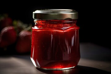 Wall Mural - stunning close-up of jar of strawberry jam, with its fruity and sweet aroma permeating the air, created with generative ai