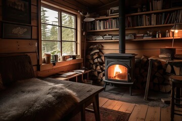 Poster - cozy cabin retreat with fire burning in the hearth, and stack of books on nearby table, created with generative ai