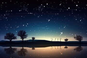Wall Mural - abstract and surreal landscape with shooting stars, starry night sky and moon, created with generati