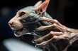 © altitudevisual - close-up of alien hand, with microscopic view of skin and veins, touching the head of a cat, created with generative ai