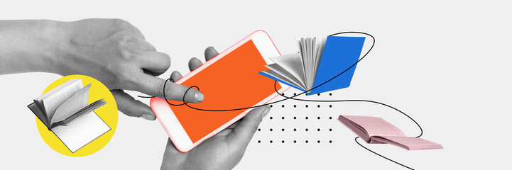Female hand using mobile phone for studying. Replacement paper books with online apps for reading. Contemporary art collage. Concept of online education, Internet assistance, modern innovations