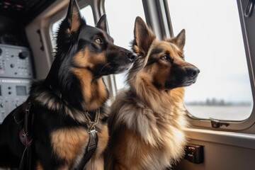 Canvas Print - cute cat and dog, enjoying the view from the cockpit of their plane, created with generative ai