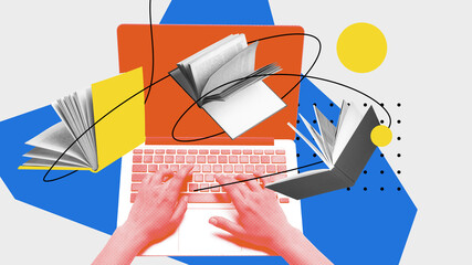 Male hand working, studying online, typing on laptop, preparing for exams with books and internet. Contemporary art collage. Concept of online education, Internet assistance, modern innovations