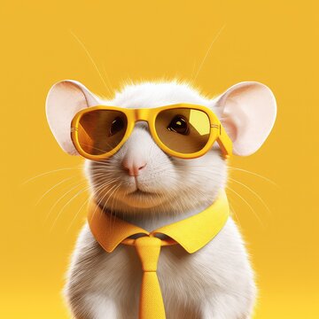 cute little mouse in glasses and a tie on a yellow background. copy space .postcard .place for your text. Generative AI