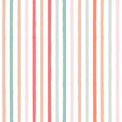 Wall Mural - Hand drawn vector seamless stripe pattern. Pink, orange and green girly stripes background, pastel brush strokes, cute baby paintbrush line backdrop