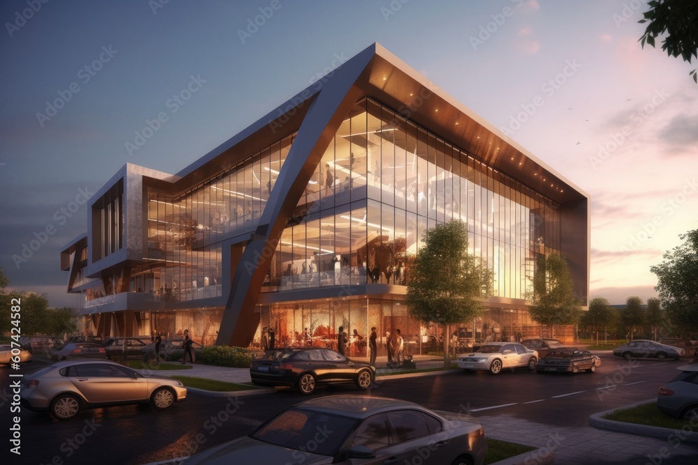 Mixed-use business architecture building with a combination of office spaces, retail outlets, and recreational facilities, creating a dynamic and vibrant environment - Generative AI